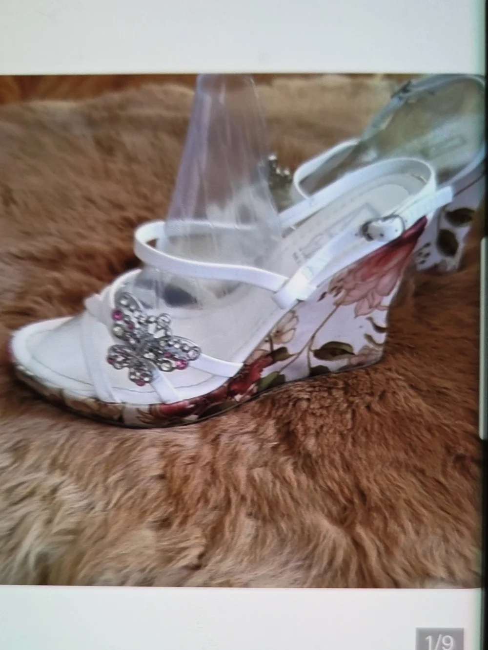 White Floral Wedge Sandals with Crystal Accent